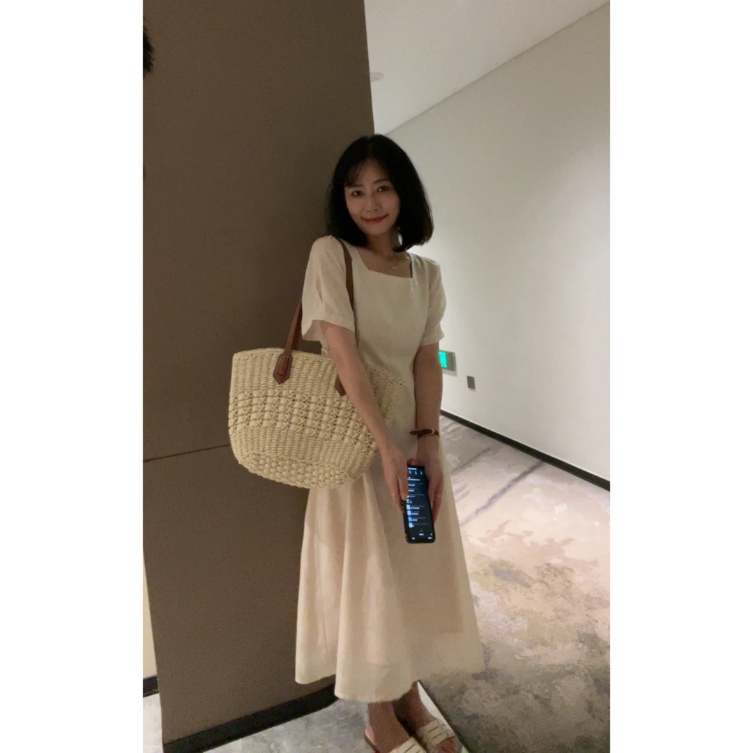 【清】大鱼定制  夏季新款方领收腰短袖杏仁米暗花连衣裙