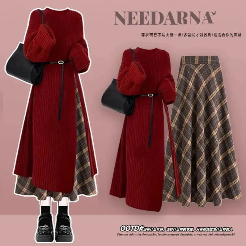 2025圣诞红秋冬女装高级感慵懒风针织毛衣配显瘦格纹半身裙两件套
