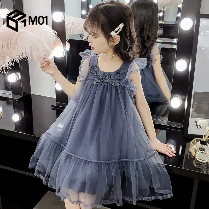 M01女童连衣裙夏装新款韩版中大童无袖网纱裙儿童洋气背心公主裙