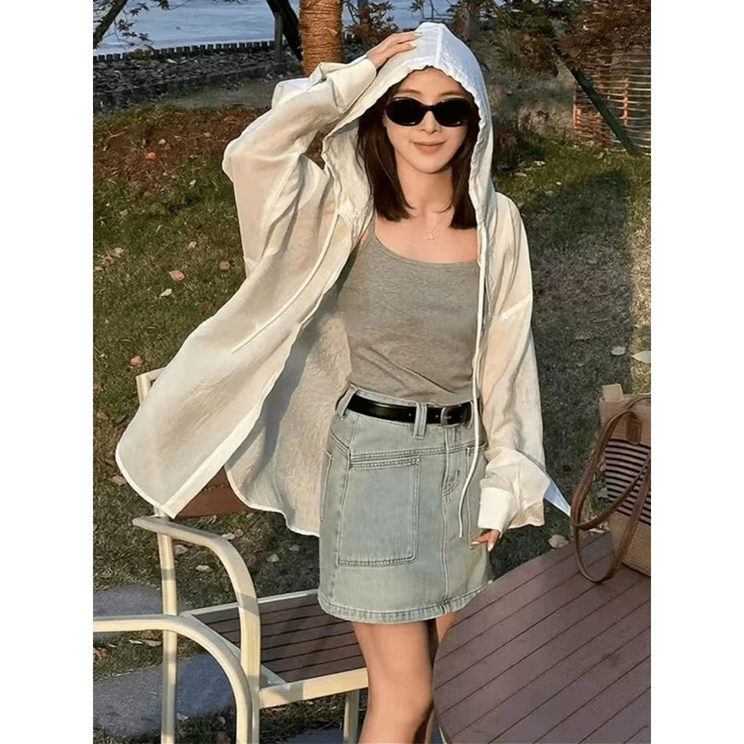 女士夏季韩版宽松连帽字母七分袖中长款外套亲子A2192