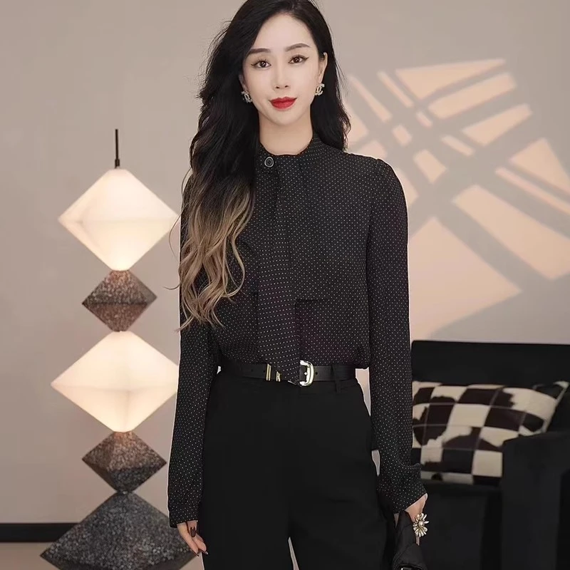 哥家2024春秋新款复古立领长袖衬衣女飘带雪纺衬衫波点上衣女装