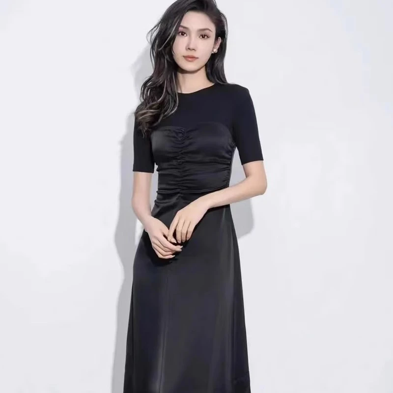 千金小姐连衣裙女夏季新款时尚拼接收腰短袖过膝宴会礼服裙长裙子