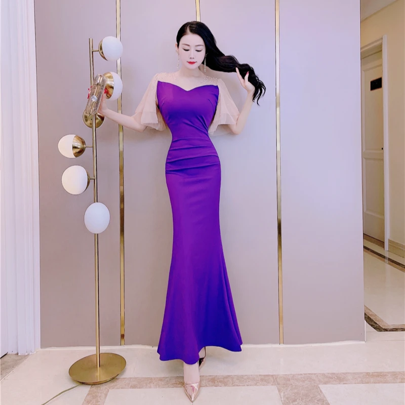 夏季新品优雅高级感礼服长裙修身显瘦网纱拼接重工钉珠鱼尾连衣裙