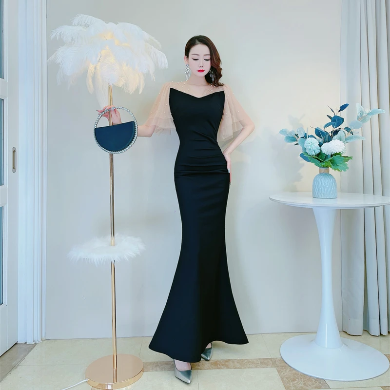 夏季气质女人味修身显瘦鱼尾长裙重工网纱钉珠褶皱遮肚子连衣裙