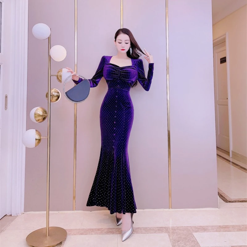 秋冬气质名媛时尚减龄优雅女人味鱼尾长裙重工钉钻修身显瘦连衣裙