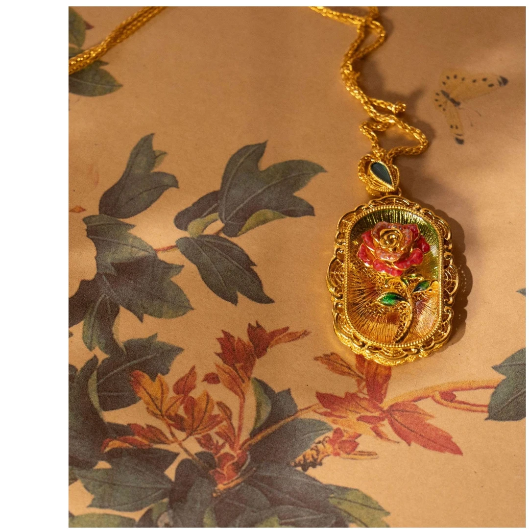 足金珐琅螺钿工艺立体浮雕玫瑰花吊坠国潮古法古风复古国风宫廷风