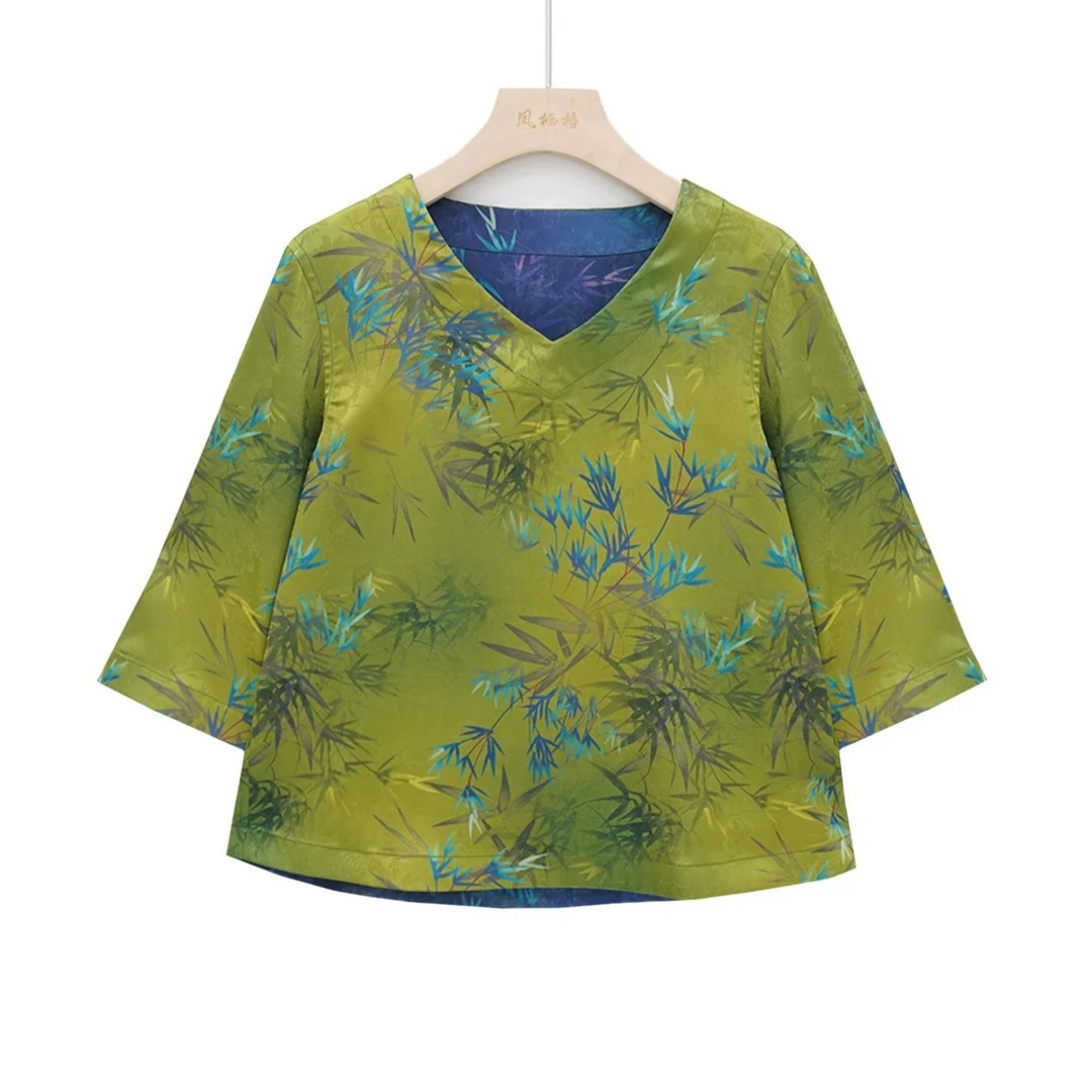 双面双穿上衣女夏季新款花萝小衫V领透气中国风时尚提花显瘦T恤