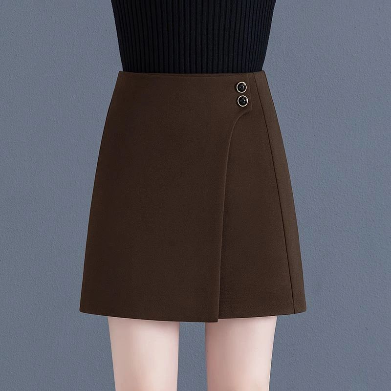 毛呢半身裙女2023秋冬季新款高腰显瘦百搭a字包臀一步咖色短裙子