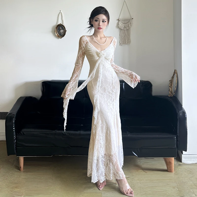 法式立体花朵飘带长袖礼服连衣裙女纯欲蕾丝收腰显瘦鱼尾长裙