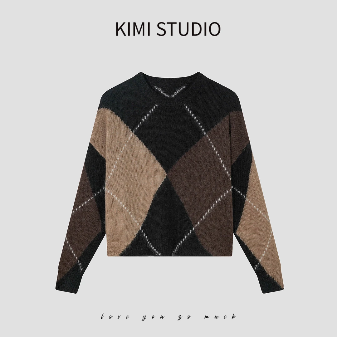 KIMI阿尔巴卡羊驼毛长毛菱格针织毛衣AW24874