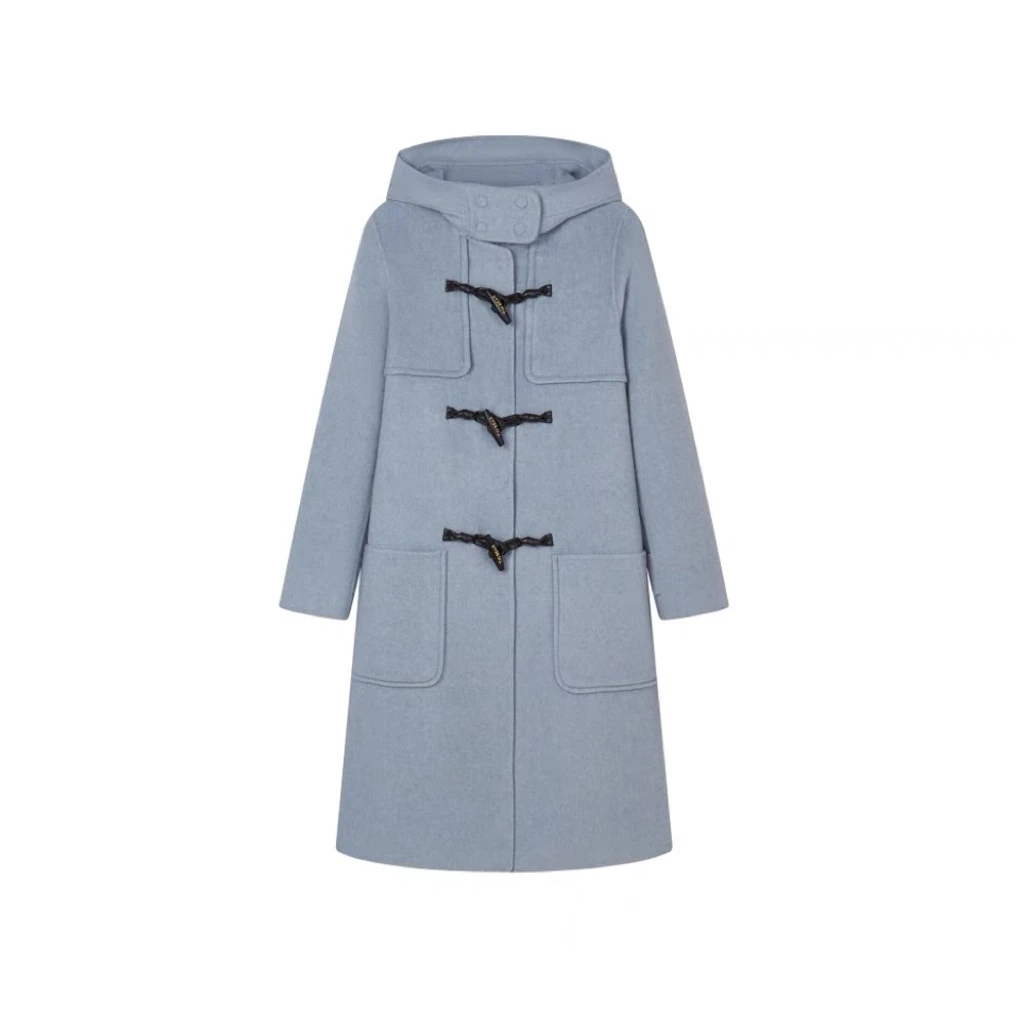 AW23972  学院风连帽牛角扣双面手缝羊毛大衣
