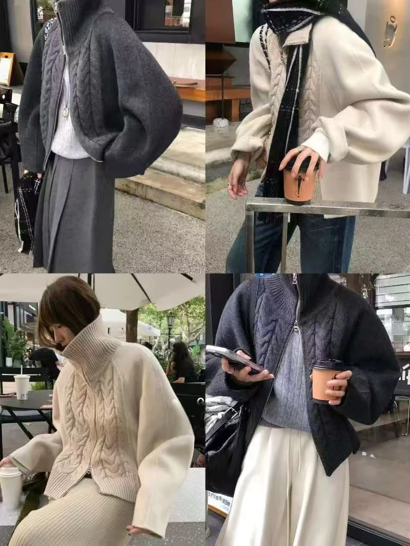 KIMI骆驼绒羊毛双拉链麻花针织拼接双面手缝大衣外套AW241108