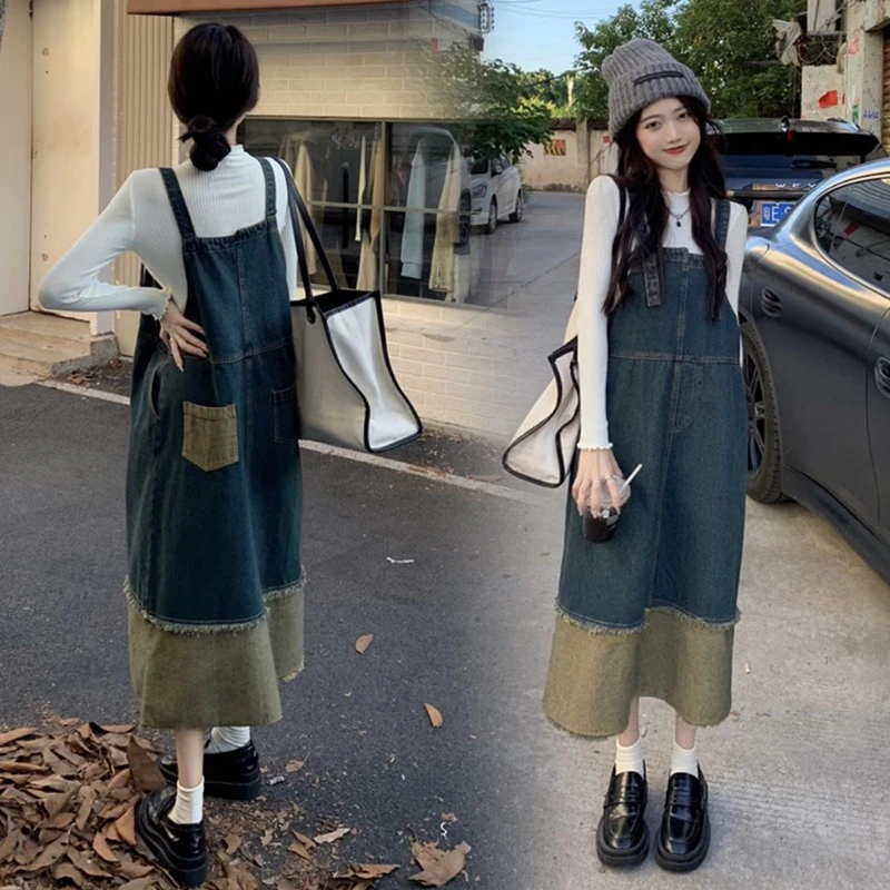 孕妇装牛仔连衣裙秋装套装2023新款秋季时尚拼接背带裙毛衣两件套