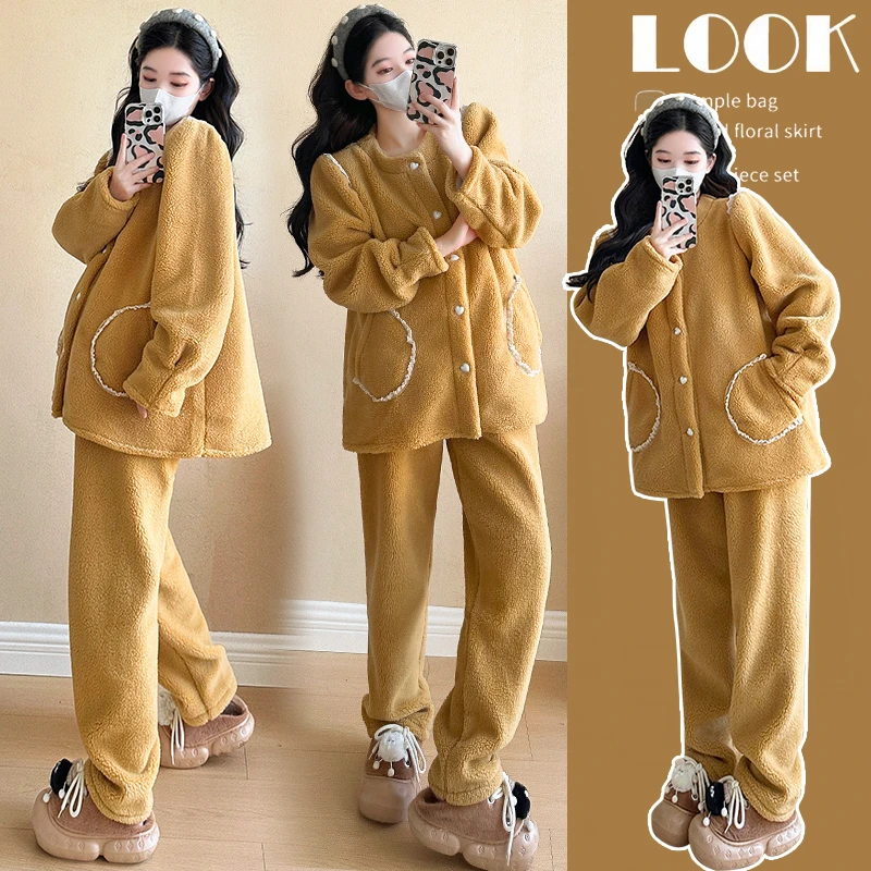 孕妇套装冬装新款时尚羊羔绒蕾丝花边加绒加厚外套休闲裤子两件套