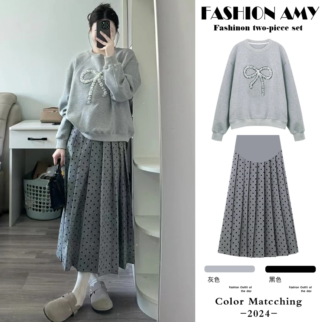 孕妇套装秋装时尚韩版宽松设计感蝴蝶结卫衣上衣显瘦波点半身裙子