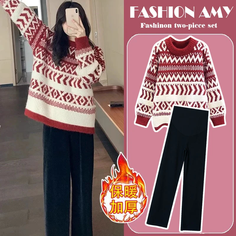 孕妇套装秋冬新款时尚韩版洋气圣诞红色加厚针织圆领毛衣休闲裤子
