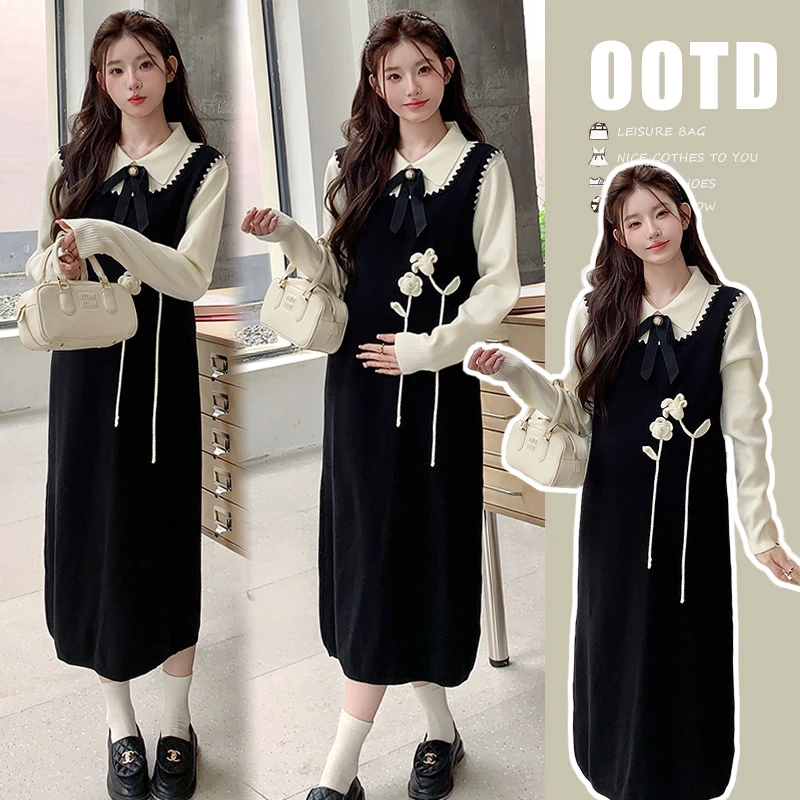 孕妇连衣裙秋冬新款2024时尚韩版气质假两件显瘦针织立体花朵裙子