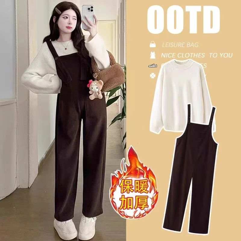 孕妇套装秋冬新款时尚韩版针织打底毛衣宽松休闲加绒加厚背带裤子