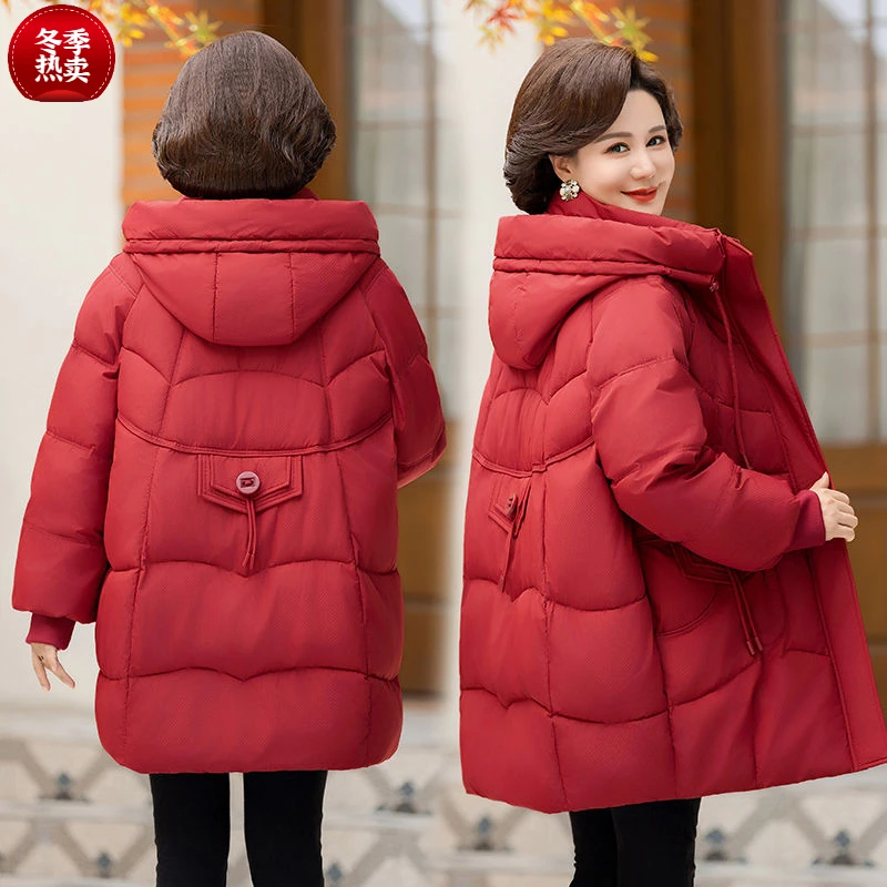 妈妈加厚本命年红色喜庆喜婆婆棉服冬装中老年中长款外套大码衣服