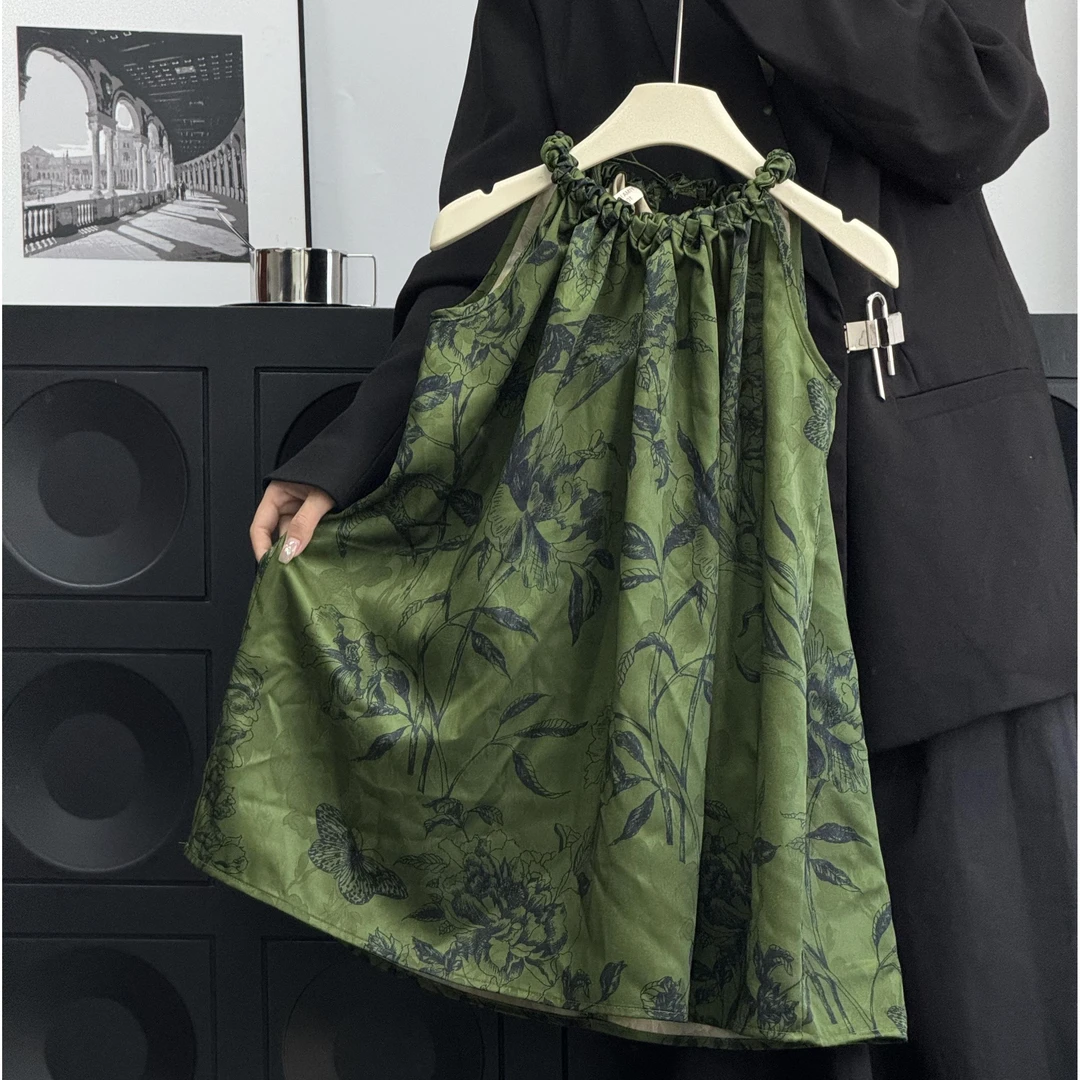 壹妈品质童装女童中国风夏季2025新款儿童新中式复古墨绿色背心裙