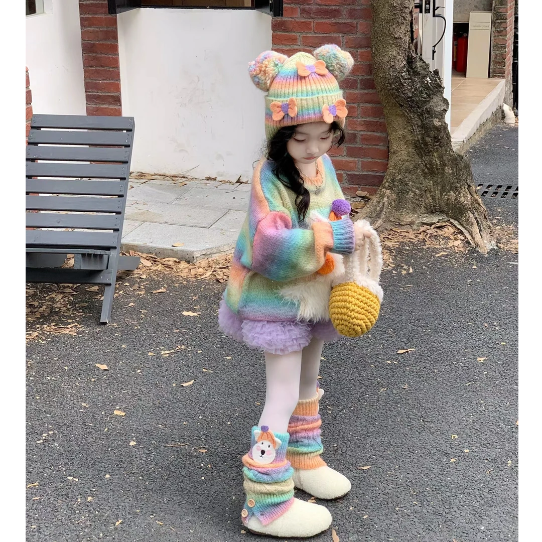 现货）韩版童装女童秋冬套装儿童洋气彩色卡通毛衣紫色网纱半身裙