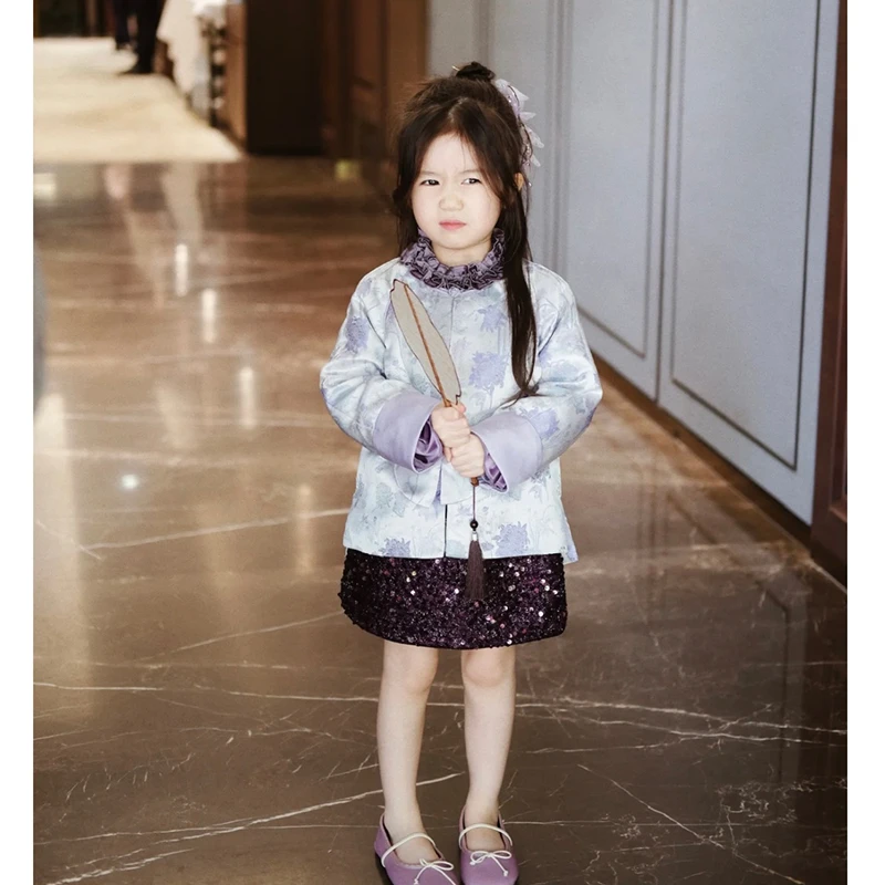 壹妈原创童装国风套装2024秋季中式外套亮片紫色半身裙两件套
