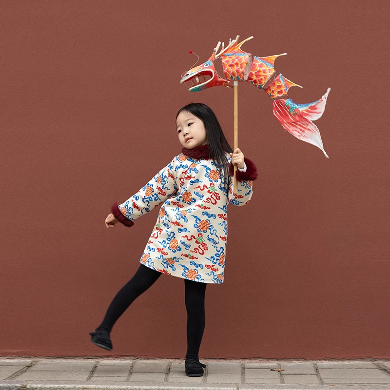 壹妈国风童装女童新中式米色连衣裙中国风秋冬儿童背心裙