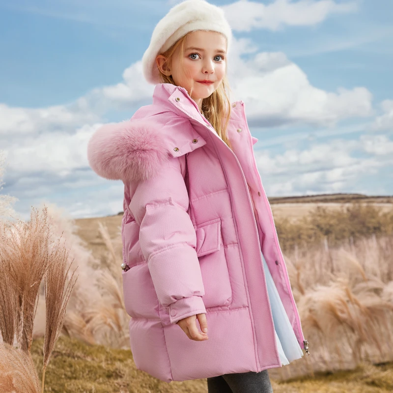 大毛领新款亲子装女童羽绒服中长款儿童中大童冬装加厚小女孩外套