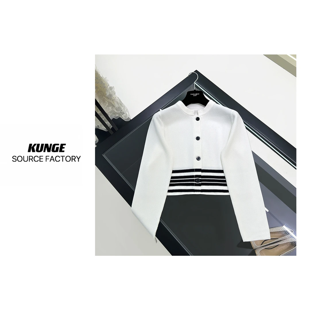 KUNGE-轻奢高定小蜜蜂下摆条纹撞色长袖针织衫上衣-24717