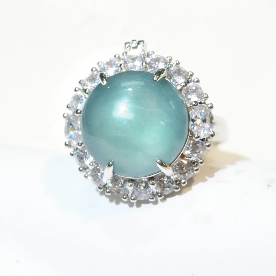 天然A货翡翠蓝水蛋面戒指吊坠两用款多样性发其一气质时尚轻奢