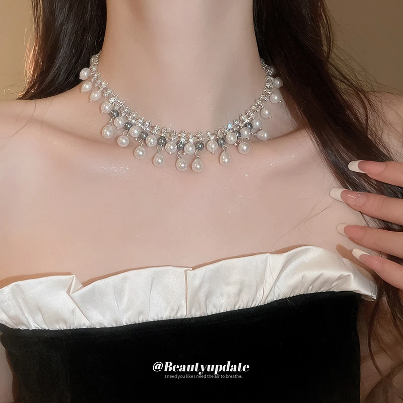 合金仿珍珠项链 镶钻水滴颈链女 复古设计感项链百搭个性项饰颈链