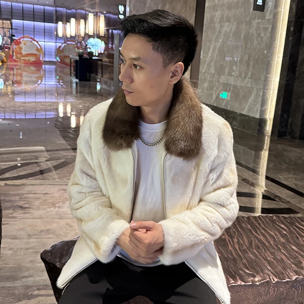 新款时尚男士翻领冬季水貂外套潮流休闲进口十字