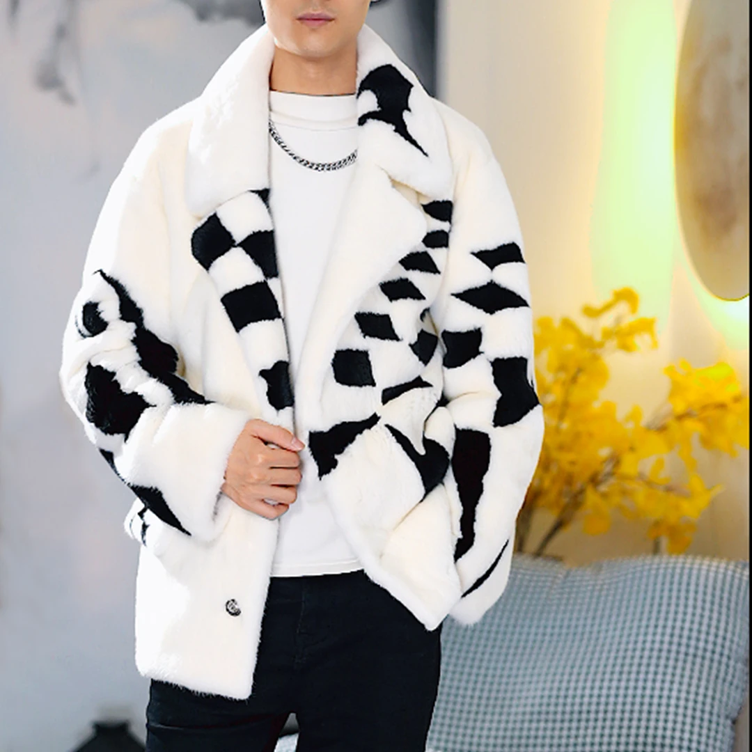 高级感男装白色水貂男士宽松休闲黑白冬季潮流时尚翻领外套