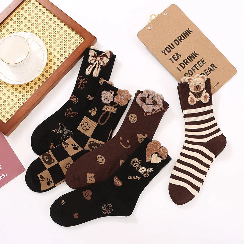 条纹袜子女中高筒袜立体植绒饰袜时尚百搭中筒袜韩版女袜ins潮袜