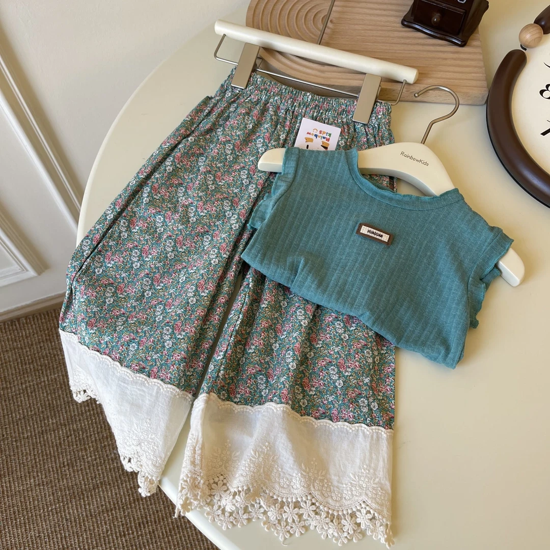 RBXK-51-儿童花边竖条纹背心满印碎花休闲裤套装【专属】