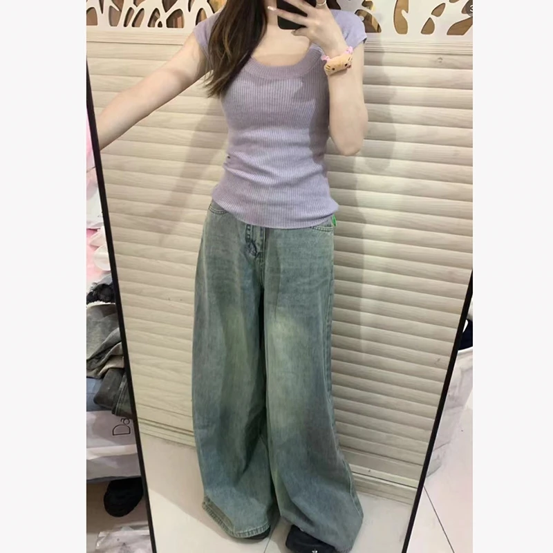 夏季薄款冰丝紫色短袖U领针织衫女一体成型修身显瘦打底衫上衣