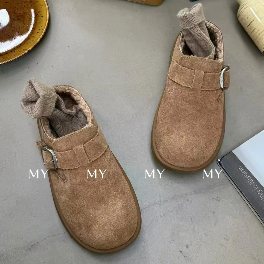 「MY」真皮厚底勃肯鞋加绒保暖棉鞋百搭懒人一脚蹬豆豆鞋