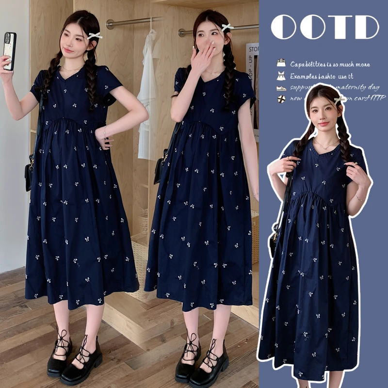 圈圈「迷失蝴蝶」孕妇装夏季韩系减龄洋气孕期连衣裙V领中长款裙