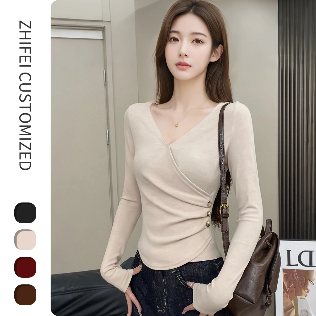 2024秋上新时尚法式V领不规则设计感修身显瘦洋气长袖打底衫上衣