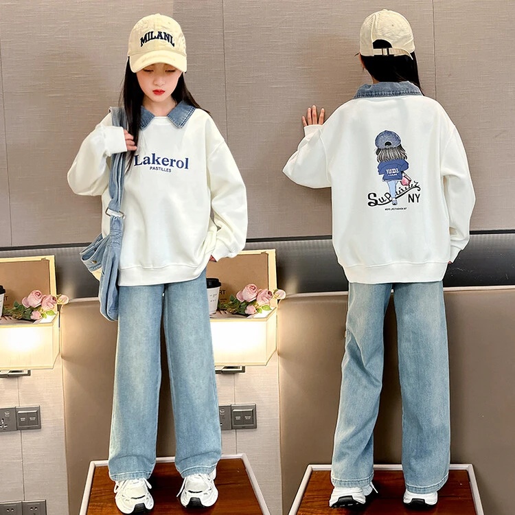 女童卫衣牛仔裤套装2024秋季6-12岁15岁中大童洋气休闲运动两件套