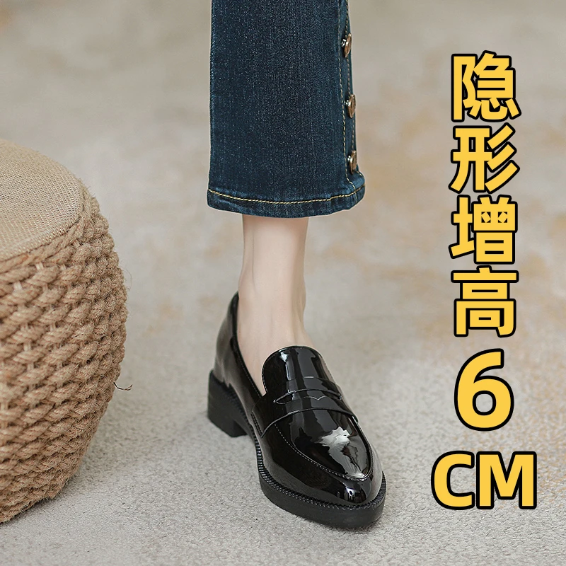 尖头小皮鞋女2025年春季新款百搭工作鞋粗跟内增高乐福鞋大码单鞋