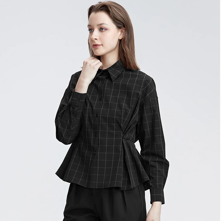 S·DEER圣迪奥女装时尚休闲翻领撞色格纹抽褶长袖衬衫S22180529