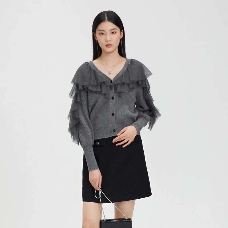 V领设计新款时尚拼接初春设计师百搭针织衫毛衣S231Z3504