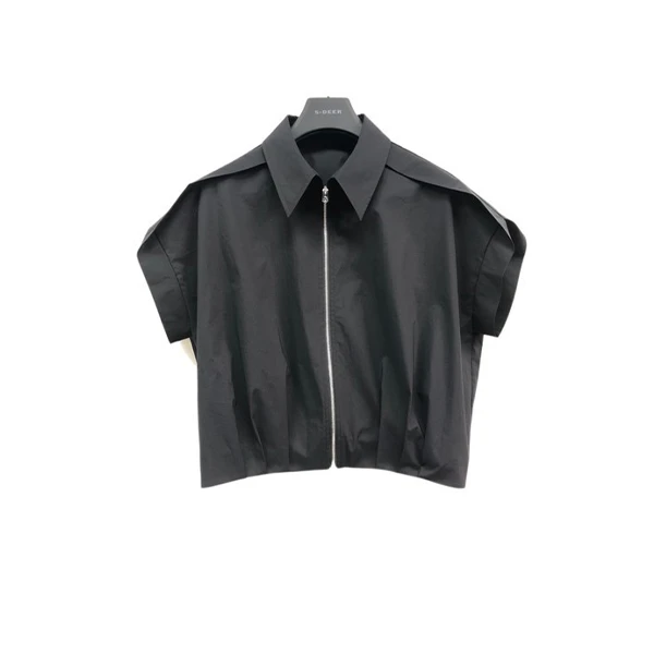 圣迪奥夏季简约时尚宽松休闲百搭拉链翻领黑色短袖衬衫S232Z0444