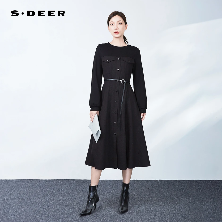 圣迪奥秋季黑色显瘦气质女装连衣裙S243Z12A7