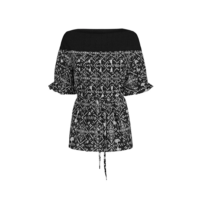 sdeer圣迪奥女装时尚圆领撞色印花收腰拼接短袖衬衫S242Z0413