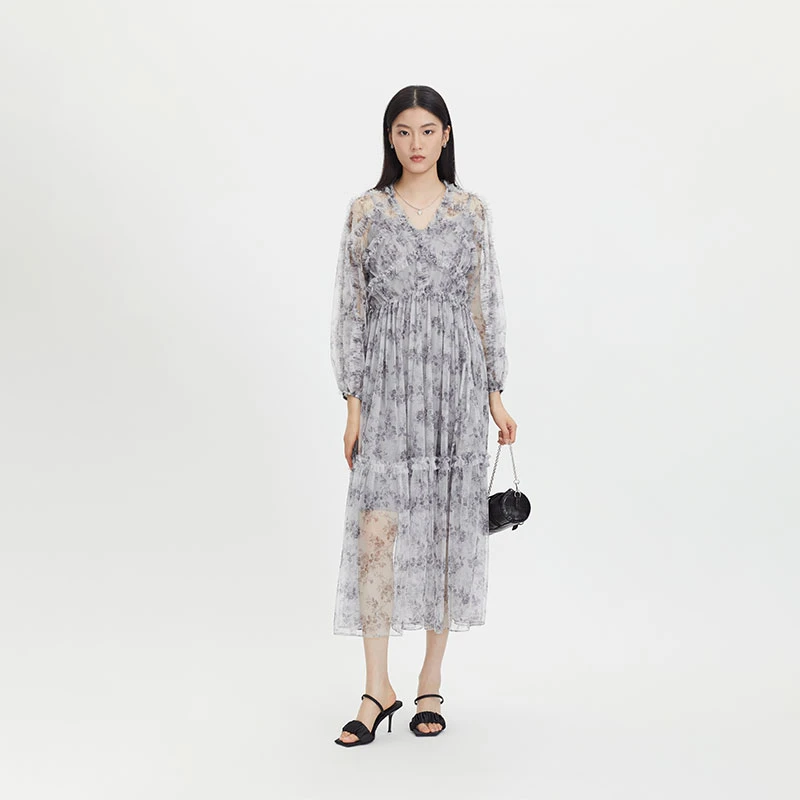 S·DEER圣迪奥法式时尚轻奢夏季网纱拼接设计师款连衣裙S232Z1420