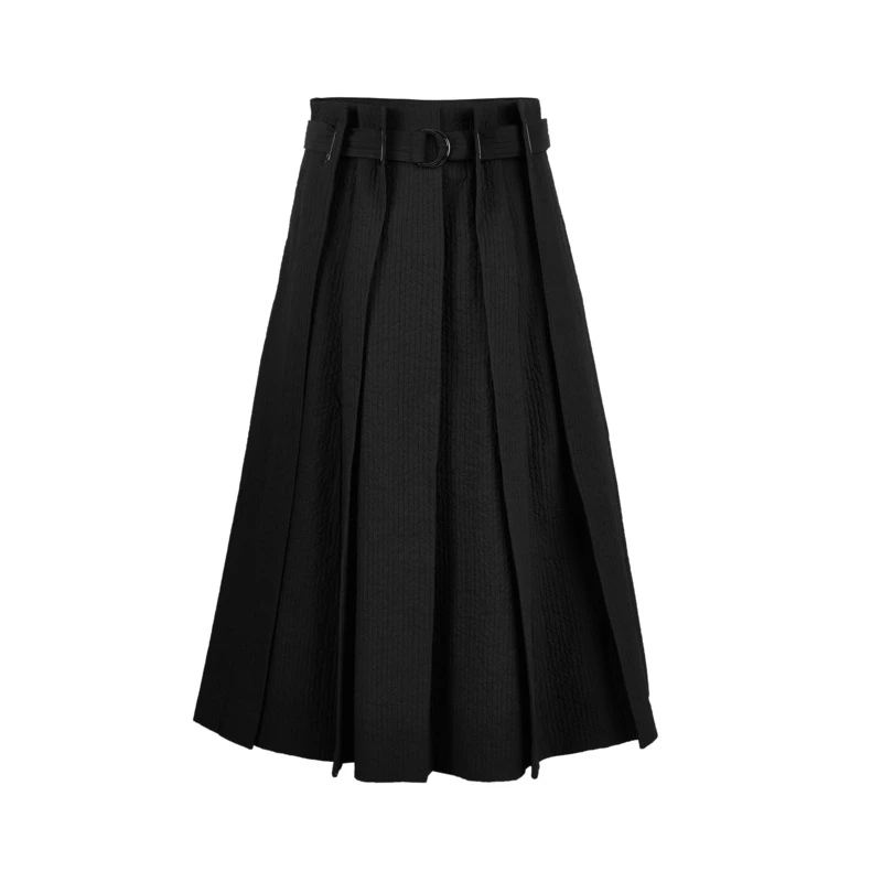 圣迪奥女装学院风设计感腰带百褶肌理黑色A字长裙S21481109
