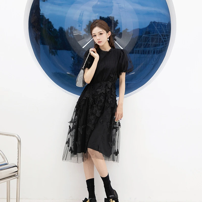 sdeer圣迪奥风感波粒夏圆领时尚网纱收腰短袖女装连衣裙S222Z12B9