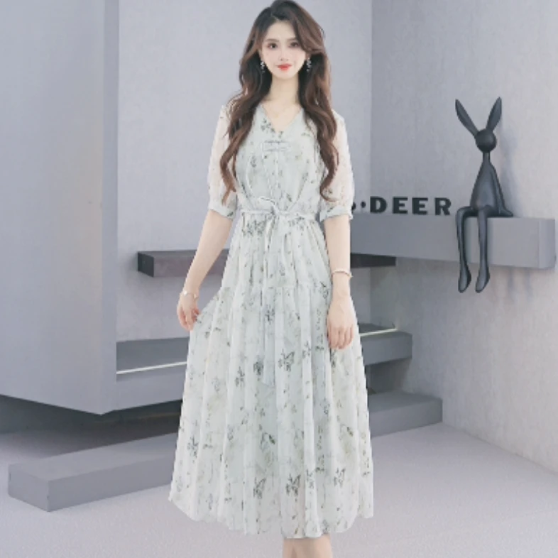 圣迪奥法式轻奢气质时尚夏季收腰系带女装连衣裙S242Z12R7